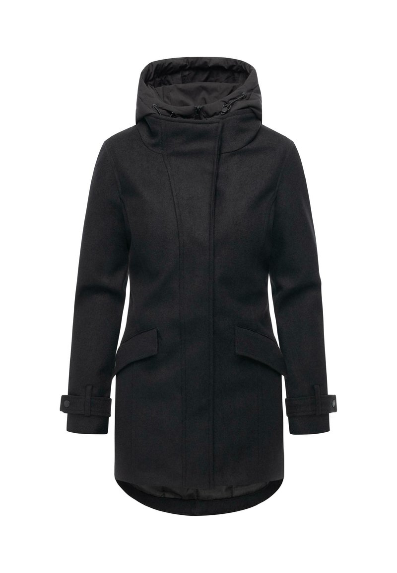 Svart långärmad kappa med hög krage och huva. Har två framfickor, justerbara ärmslut och en något rundad nederkant för extra täckning.