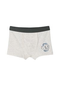 Light gray cotton boxer shorts with a dark green waistband, featuring a blue cartoon character print on the front. Soft texture, casual design.