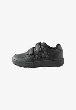 Czarne dziecięce sneakersy z dwoma paskami na rzep oraz tłoczonymi wzorami postaci z kreskówek po boku.