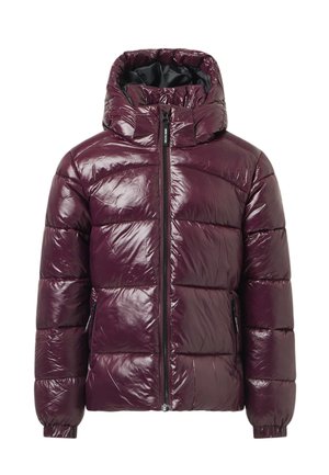Veste matelassée violet foncé brillante avec capuche, fermeture éclair frontale, poches latérales et poignets élastiques aux manches longues.