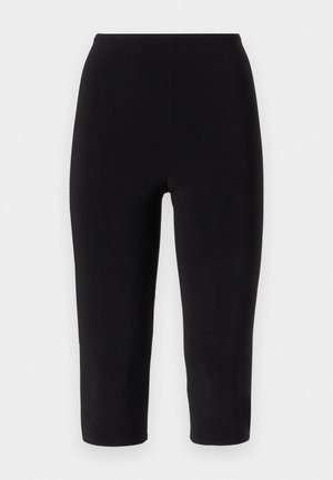 Schwarze Capri-Leggins aus dehnbarem Material, mit hoher Taille und tailliertem Schnitt, ohne sichtbare Nähte oder Muster.
