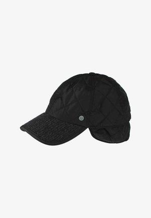 Juoda siūta kepurė su išlenktu tekstūruotu kraštu ir sulankstomomis ausų apklotėmis šaltam orui apsaugoti.