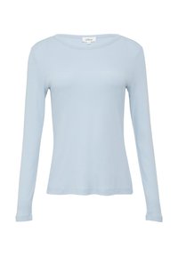 Haut bleu clair à manches longues en tissu doux. Présente un col rond et une silhouette ajustée. Design simple, sans motifs ni accents.