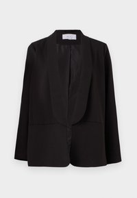 Černý blazer se šálovým límcem, vyrobený z hladké látky, s pevným střihem a otevřeným předním dílem bez zapínání.