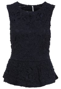 Top senza maniche in pizzo blu navy con motivo floreale e orlo a peplum, scollatura rotonda e zip sul retro nascosta.