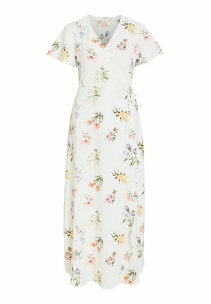Weißes Midikleid im Wickelstil mit kurzen Ärmeln und pastellfarbenem Blumenmuster in Pink-, Gelb-, Orange-, Lila- und Grüntönen.