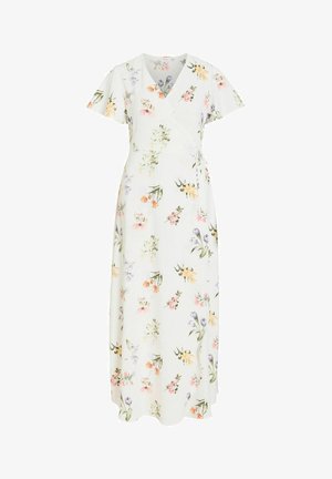 Vestido midi blanco con estilo cruzado, mangas cortas y estampado floral en tonos pastel de rosa, amarillo, naranja, púrpura y verde.