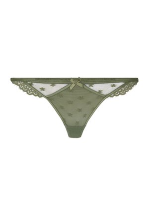 Olive green lace thong with floral mesh pattern, scalloped edges, and a small bow at the center front waistband.