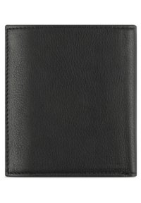 Black leather wallet featuring a textured surface, bi-fold design, and stitching along the edges. No visible logos or patterns.