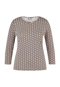Langarm-T-Shirt mit Rundhalsausschnitt, das ein geometrisches Muster aus überlappenden Quadraten und Rauten in Beige, Braun und Weiß zeigt.