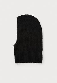 Black knit beanie with ribbed texture and elongated shape, featuring a snug fit at the bottom. Classic monochrome design.