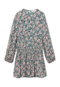 Kukallinen mekko pitkillä hihoilla, turkoositaustalla, vaaleanpunaisella ja purppurakukalla painettuna, kerätty vyötärö ja rento istuvuus. Silkkinen kangas.