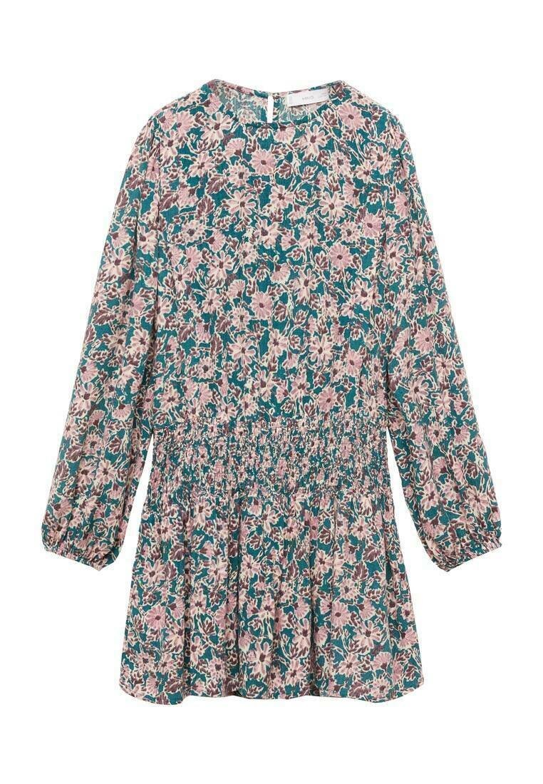 Kukallinen mekko pitkillä hihoilla, turkoositaustalla, vaaleanpunaisella ja purppurakukalla painettuna, kerätty vyötärö ja rento istuvuus. Silkkinen kangas.