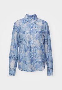 Light blue long-sleeve shirt with floral print in varying shades of blue, featuring a button-up front and a classic collar.