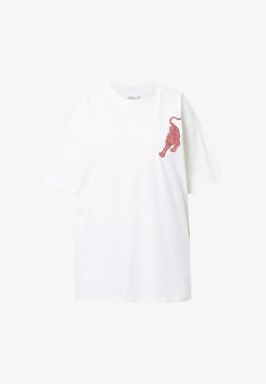 T-shirt en coton blanc à manches courtes, avec un motif de tigre brodé rouge sur la poitrine gauche. Coupe décontractée classique et texture lisse.