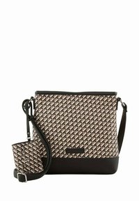 Schoudertas met een geweven textielpatroon in beige, bruin en zwart, voorzien van een afneembaar tasje en een platte zwarte bodem. Verstelbare riem.
