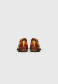 Zapatos de cuero marrón con un acabado suave, punta redonda y tacón apilado, que cuentan con costuras sutiles y un diseño clásico.