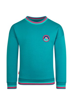 Teal long-sleeve sweatshirt with pink and turquoise striped cuffs and collar, and a round mountain logo on the chest.