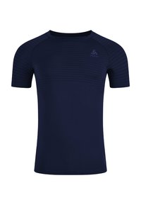 Navy blue short-sleeve athletic shirt made of lightweight, textured fabric with horizontal stripes across the chest and a crew neckline.