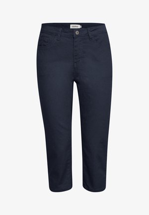 Ciemnoniebieskie, krótkie spodnie o prostym kroju, z pięcioma kieszeniami i zapięciem na guziki z przodu. Wykonane z gładkiego, trwałego materiału.