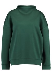 Donkergroen sweatshirt met lange mouwen, een hoge kraag, drop shoulders en een relaxte fit.