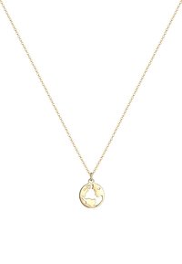 Goldfarbene Anhänger-Halskette mit einem runden Charm, der eine Weltkarte darstellt. Feine Kettenglieder verleihen ein zartes Aussehen.