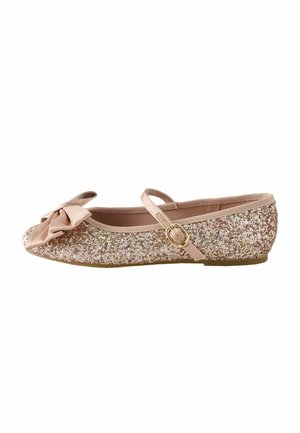 Child's glittery pink flat shoe with a strap and buckle, decorated with a large pink bow on the front.