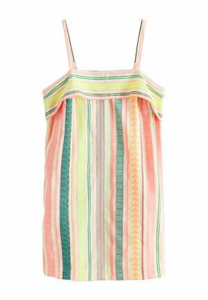 Sleeveless summer dress with green, yellow, and pink vertical stripes and geometric patterns, featuring thin shoulder straps and a ruffled neckline.