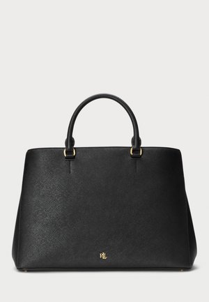 Borsa a mano nera strutturata realizzata in materiale sintetico testurizzato, con doppio manico superiore e dettagli in metallo dorato. Logo nella parte inferiore.