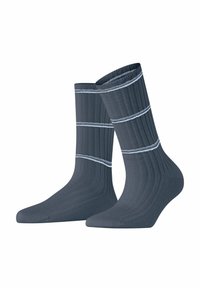 Calze a coste grigio scuro con una texture liscia, caratterizzate da tre righe orizzontali azzurro chiaro attorno alla parte superiore.