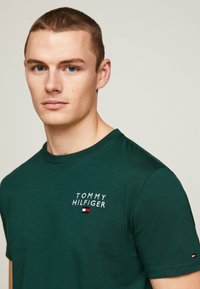 Maglietta in cotone verde con colletto a girocollo e maniche corte, con "TOMMY HILFIGER" ricamato in bianco sopra un piccolo logo decorativo.
