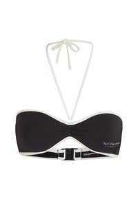 Crni bikini top s teksturiranom površinom, bijelim detaljima i podešavanim vezicama. Ima kopčanje na leđima s logotipom.