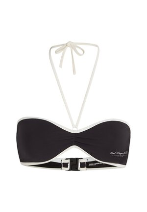 Zwarte bikinitop met een gestructureerde afwerking, witte accenten en verstelbare straps. Voorzien van een haaksluiting achteraan met merkimpressie.