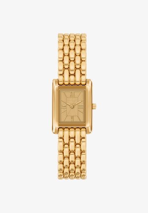 Goldfarbene rechteckige Uhr mit strukturiertem Zifferblatt, römischen Ziffern und einem massiven Gliederarmband. Glatte Oberfläche und polierte Details überall.