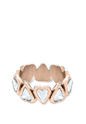 Ring aus Roségold mit abwechselnd herzförmigen, klaren Edelsteinen, die rund um das Band gefasst sind, poliert mit einer glatten Innenseite.