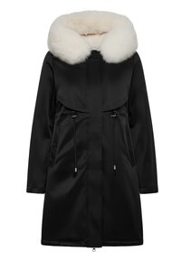 Parka nera con un ampio colletto in pelliccia sintetica. Caratterizzata da una vita regolabile con cordino, chiusura con zip e tasche laterali per la funzionalità.