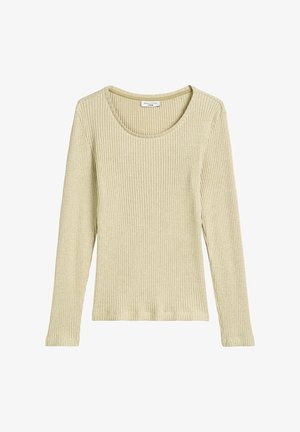 Lys gul langærmet ribbet top med rund halsudskæring, lavet af blødt stof; har en subtil tekstur og tætsiddende design.