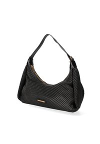 Borsa a tracolla nera con texture intrecciata, dalla forma curva, dotata di lunga tracolla in pelle e zip in tonalità oro. Presenta un elegante accento in pelle liscia nella parte superiore.