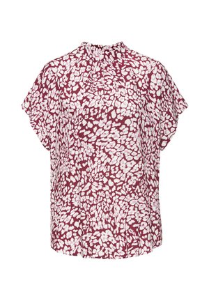 Kurzärmliges Oberteil in Weinrot mit einem weißen abstrakten Muster. Verfügt über einen hohen Ausschnitt und eine lässige Passform mit einem weichen, leichten Stoff.