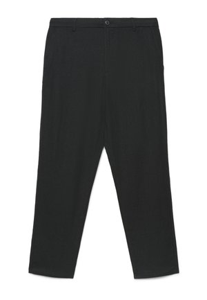 Pantaloni neri a gamba dritta con chiusura a bottoni, passanti per cintura e tasche laterali anteriori, distesi su uno sfondo bianco.