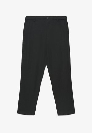 Pantaloni neri a gamba dritta con chiusura a bottoni, passanti per cintura e tasche laterali anteriori, distesi su uno sfondo bianco.