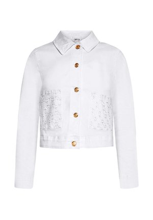 Weiße kurze Jacke mit goldenen Knöpfen, spitzem Kragen und zwei großen Taschen mit Spitzenmuster vorne.