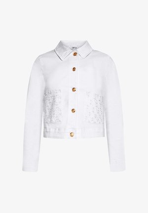 Biała krótka kurtka z złotymi guzikami, spiczastym kołnierzem i dwoma dużymi przednimi kieszeniami z koronkowym wzorem.