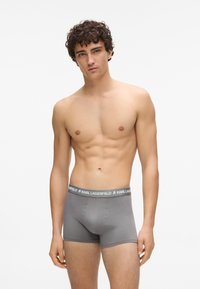 Marškinėlius nešiojantis vyras su garbanotais plaukais, vilkintis pilkas Karl Lagerfeld trumpikes, stovi prieš paprastą baltą foną.