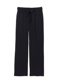 Pantaloni neri a gamba larga realizzati in tessuto morbido, con vita regolabile, tasche laterali e una sottile trama testurizzata in tutto il capo.