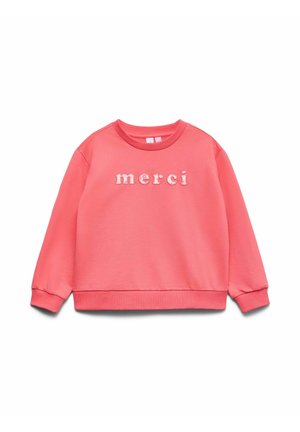 Potiskana majica s posadko v koralno roza barvi z rebrastimi manšetami in spodnjim robom, na prsih pa je z belim vezenim napisom "merci".