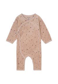 Beige Babystrampler aus weichem Stoff, mit einem Wickeldesign, langen Ärmeln und einem verstreuten marmorierten Punktemuster in Weinrot. Mit Druckknopfverschluss.