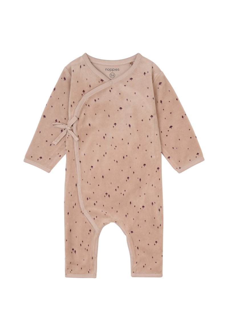 Beige Babystrampler aus weichem Stoff, mit einem Wickeldesign, langen Ärmeln und einem verstreuten marmorierten Punktemuster in Weinrot. Mit Druckknopfverschluss.