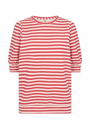 Red and white striped tunic with three-quarter sleeves, round neckline, soft fabric, and a slight gathered detail at sleeve hems.
