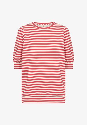 Punane ja valge ribaekraaniga tunika, millel on kolmveerandvarrukad, ümar kaelus, pehme kangas ja kerge r gathered detail varruka servades.